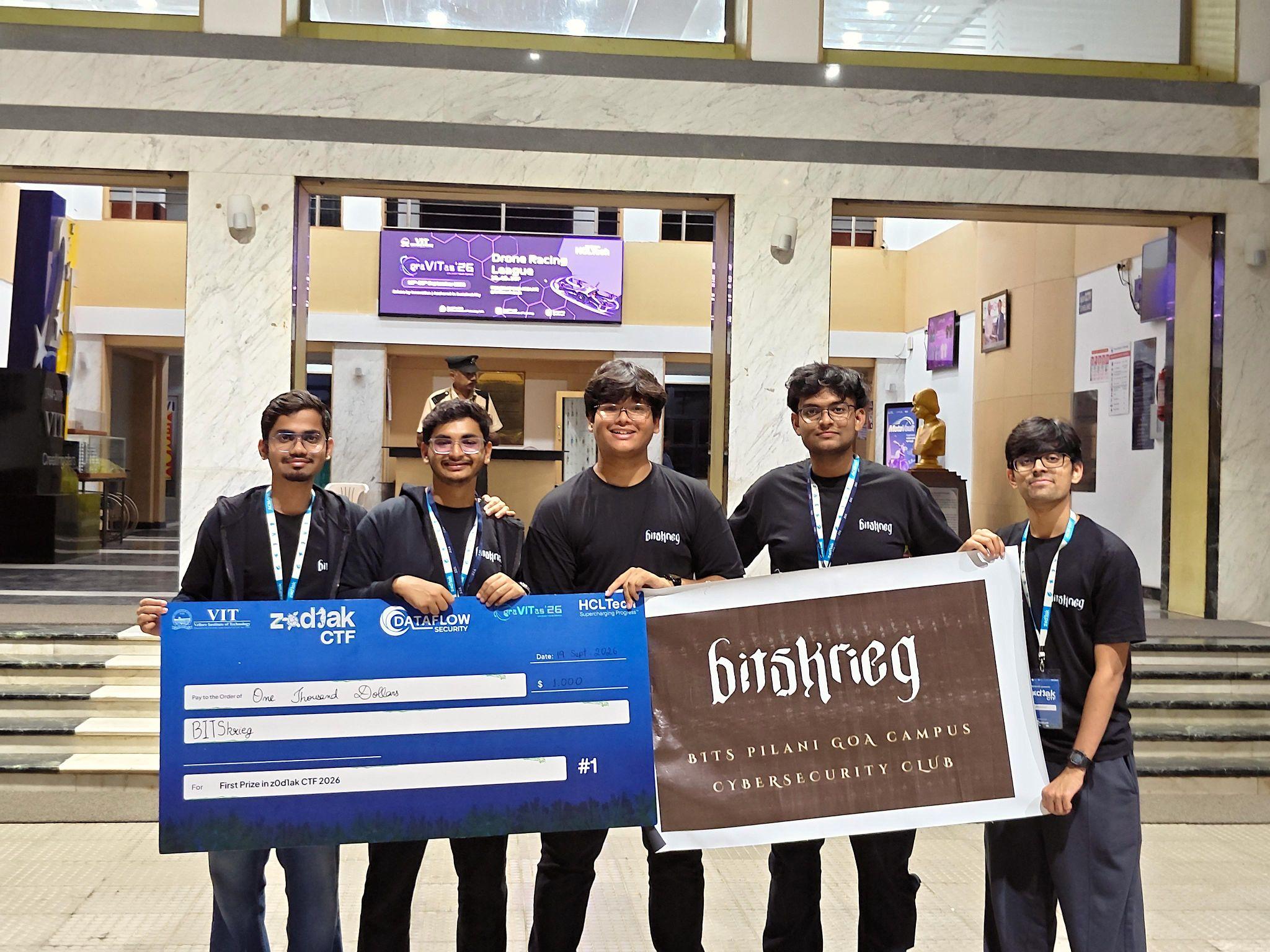 BITSkrieg team with their first place cheque at the z0d1ak CTF