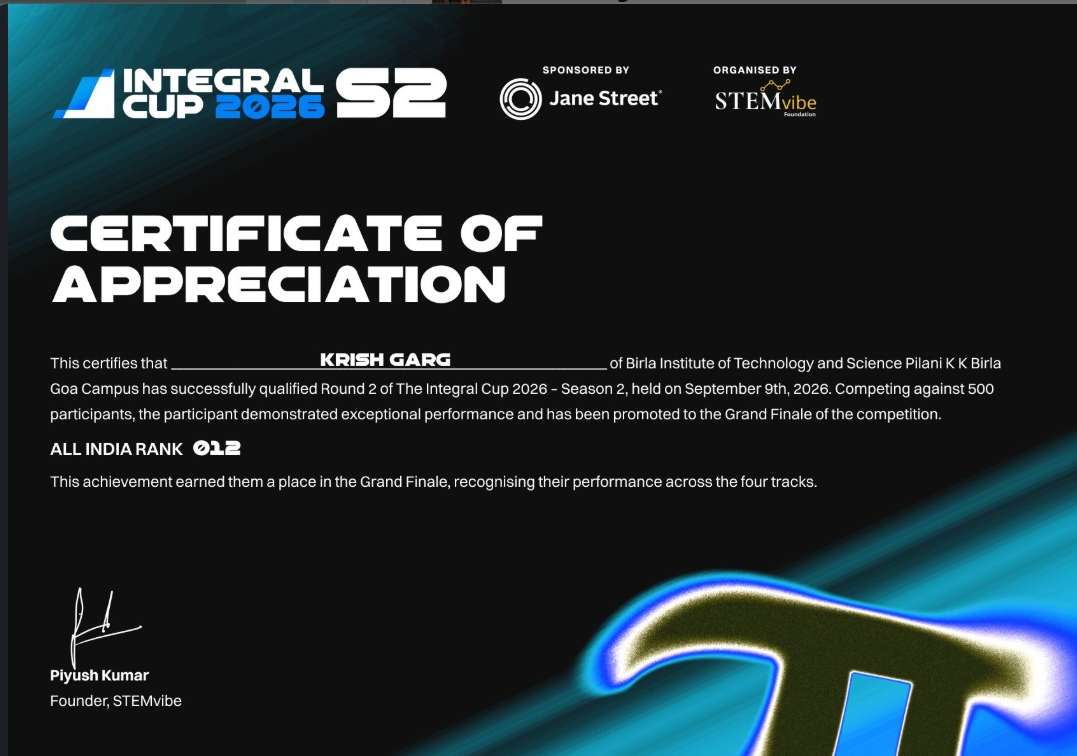 Integral Cup 2026 Season 2 certificate for Krish Garg